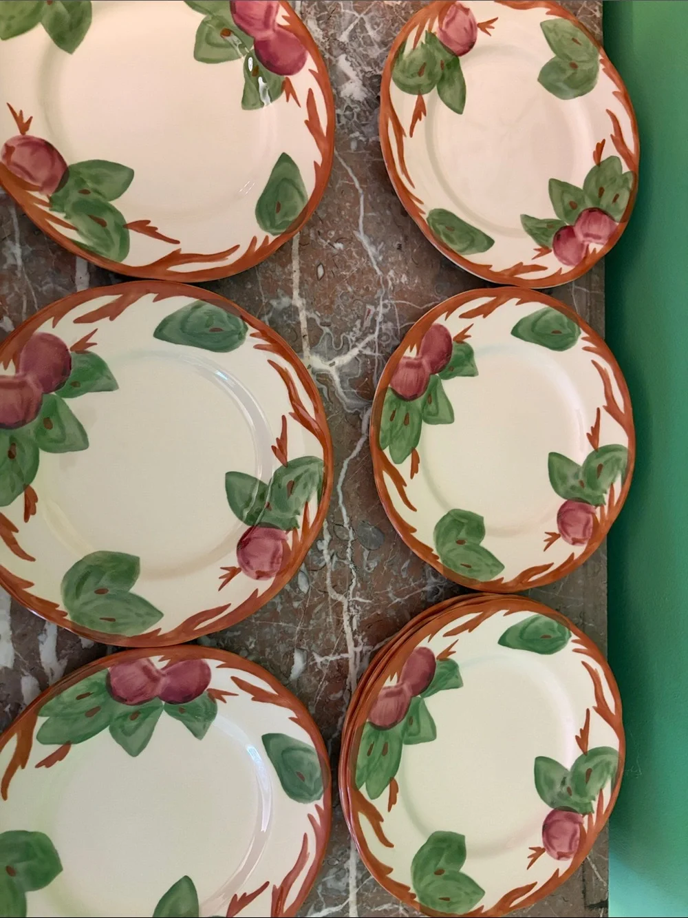 Franciscan Hand-Painted Fruit Salad Plate - Green, Pink & Rust, set of 8